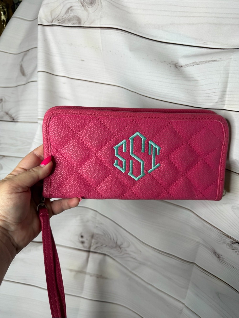 Initials Inc Monogram  Hot Pink and teal Wristlet Clutch large